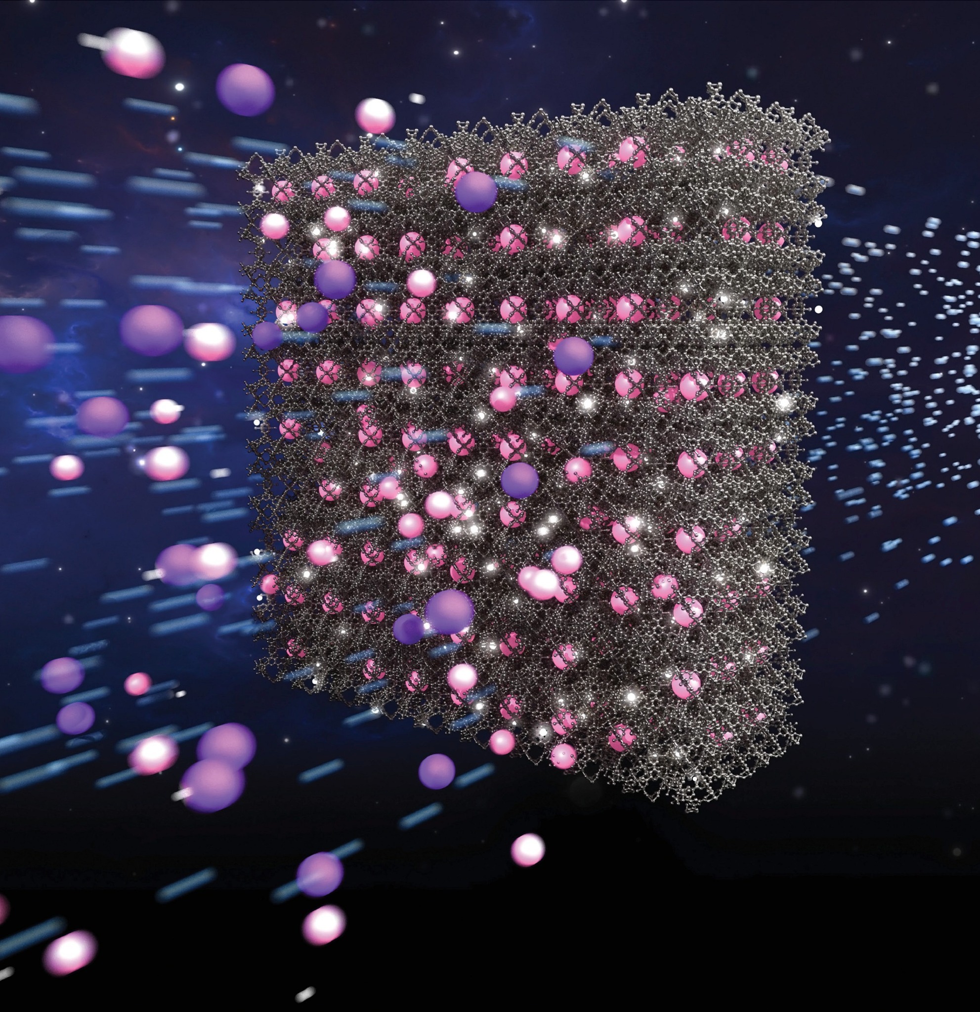 Molecular rendering illustrating krypton and xenon separation in a porous material